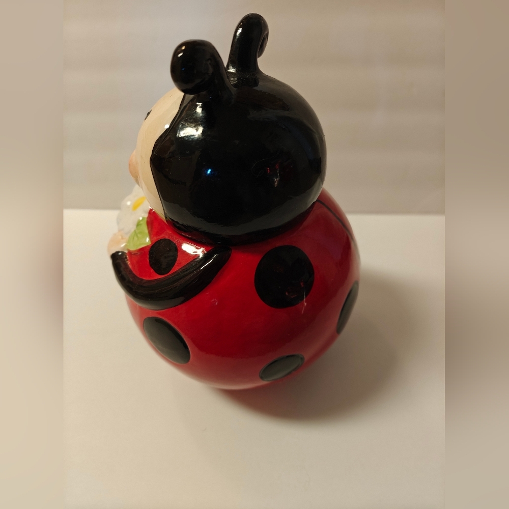 Ladybug Hugging Daisy Cookie Jar, Anthropomorphic Ladybug Ceramic Cookie Jar - Picture 6 of 13